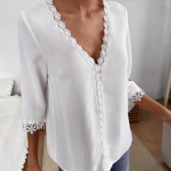 Boho White Crochet floral Lace Solid Blouse - Picture 2 of 5